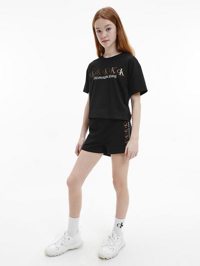 Calvin Klein Ruhák HU661717 | Calvin Klein Organic Cotton Metallic Logo Lány Rövidnadrág Fekete